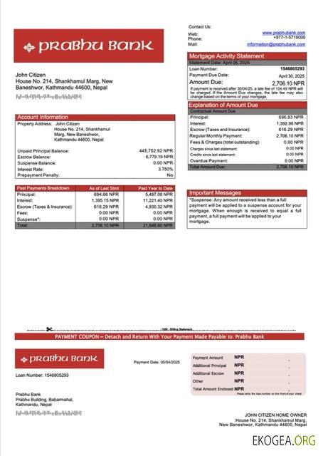 Modèle Word et PDF de relevé hypothécaire de la Nepal Prabhu Bank